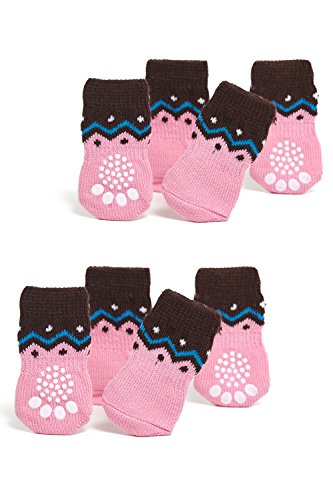 Toy / Small Dog Non Slip 2 sock packs (8 pcs) For Yorkie Pom Maltese Chihuahua (Small size, pink, brown)