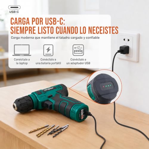 Hi-Spec Cordless Drill Driver 8V USB Rechargeable with Household Tool Set Compact Case with Drill Bits Hammer Tips Pliers Accessories DIY Furniture Assembly Green