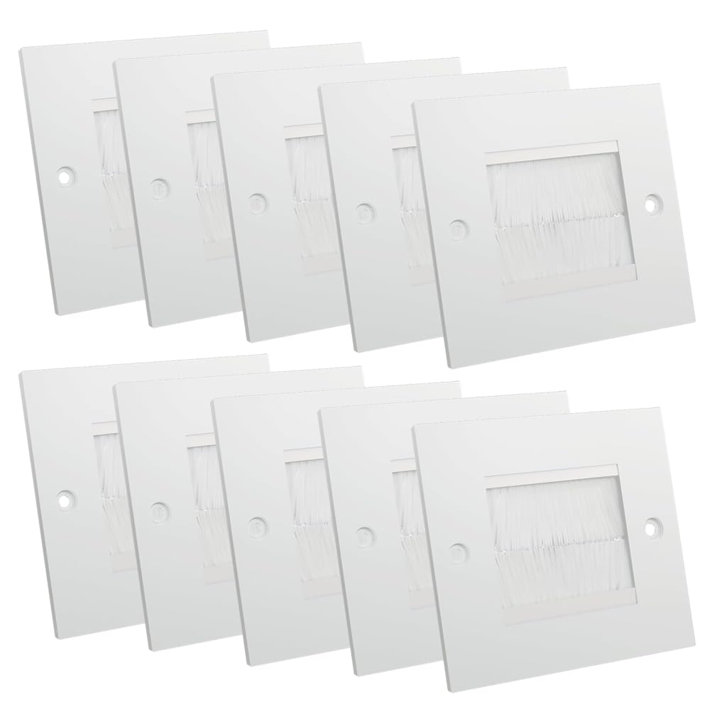 rhinocables Single Gang White Brush Cable Plate | Wall Entry Outlet for HDMI, Ethernet & TV Leads | Cable Concealment for Home Entertainment & Workspaces | 86 × 86 mm (White Brush, 10 Pack)