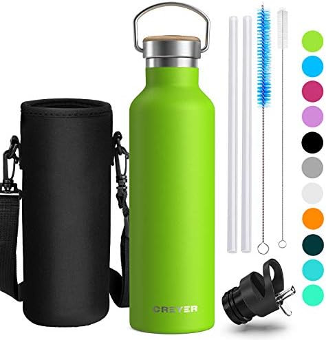Creyer Stainless Steel Water Bottle, 500ml/17oz or 750ml/26oz Vacuum Insulated Double Walled Drinking Bottle, BPA Free Perfect for Outdoor, Office, Sports, with 2 Interchangeable Caps - 11 Colors
