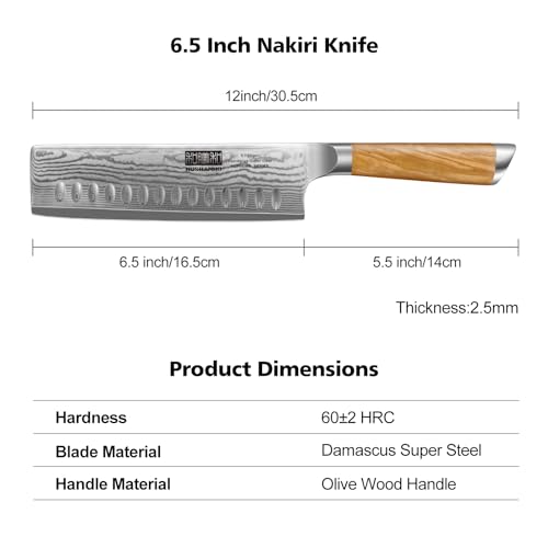 Cuchillo Nakiri Damasco 16,5 cm, Japones Cuchillo para Verduras, Profesional Cuchillo de Cocinero de 67 Capas de Acero Damasco con Mango de Madera de Olivo