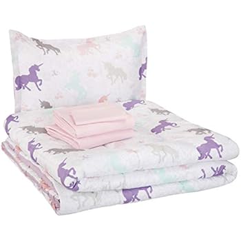 AmazonBasics Easy-Wash Microfiber Kid's Bed-in-a-Bag Bedding Set - Twin, Purple Unicorns