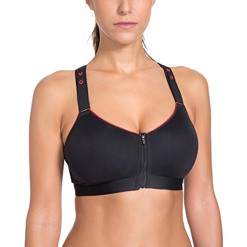 SYROKAN Women's Active Front Zipper High Impact Full Support Workout Sports Bra Black 40DD