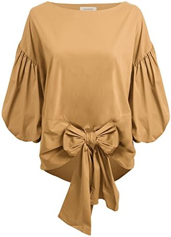 Lurelulu Women's 3/4 Puff Sleeve Waist Bow Tie Shirts Medium Dusty Mustard