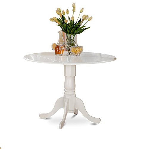 East West Furniture DLT-WHI-T Dining Room Table - a Round Top with 2 Drops Leaf and Pedestal Leg, 42x29.5 Inch, Linen White Finish