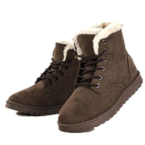 YH Women's Winter Warm Snow Boots Lace up Short Ankle Boots Brown 37