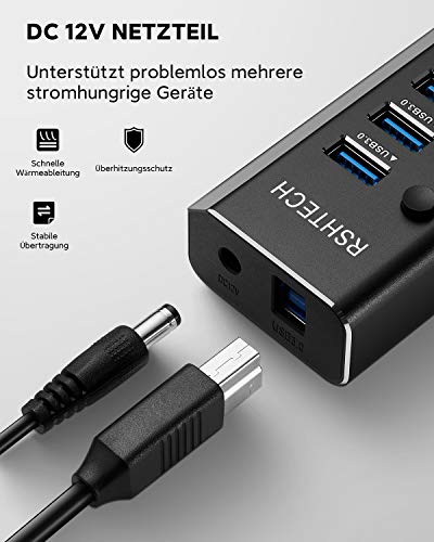 RSHTECH USB 3.0 Hub with 24W Power Supply USB Hub 7 Ports, for Charging and Data Transfer, Multiport USB Hub with Individual Switches and Power Supply