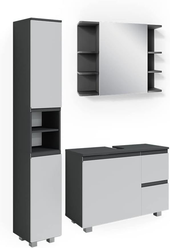 Vicco J-Shape Bathroom Furniture Set, Anthracite, 3 Parts with Tall Cabinet