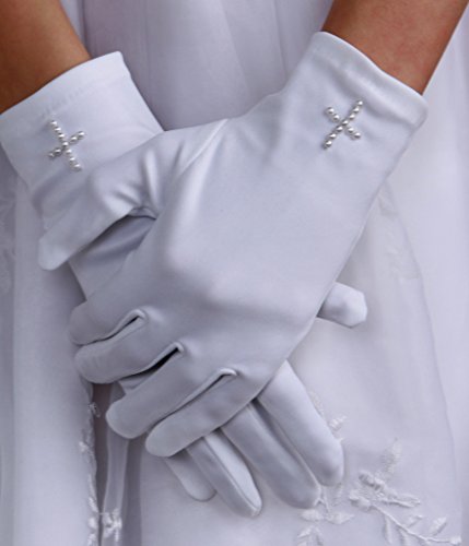White First Communion Gloves with Pearl Cross for Girls by Tip Top