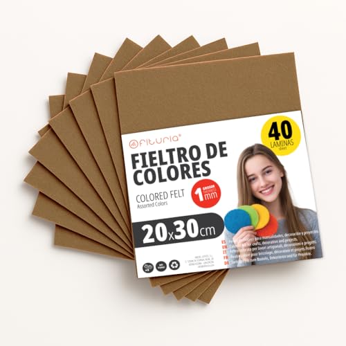 OFITURIA Felt for DIY Crafts, Soft and Flexible Coloured Fabric Sheets for Sewing, Patchwork, School Projects, Textile Art and Decoration 20 x 30 cm (Brown, 40 pcs)