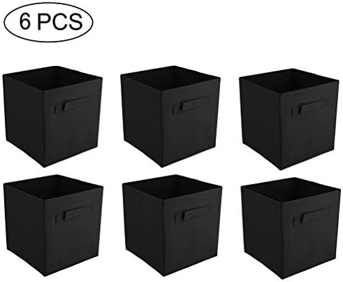 COMOTS Canvas Foldable Storage Box Collapsible Box Square Fabric Cubes Organiser Basket Bin for Washing Laundry, Toys, Clothes With Handle - Black (Pack of 6)