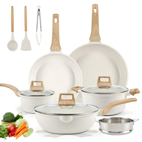 Nonstick Ceramic Cookware Set 17-Piece, Healthy Pots and Pans Set, Nonstick Pots and Pans Set, Induction Cookware Cooking Set with Frying Pans, Saucepans, Saute Pan, Steamer