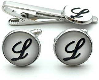Mens' Personalized Letter Set of Cufflinks and Tie Clip Silver Suit Initial Cuff Link with Giftbox White L