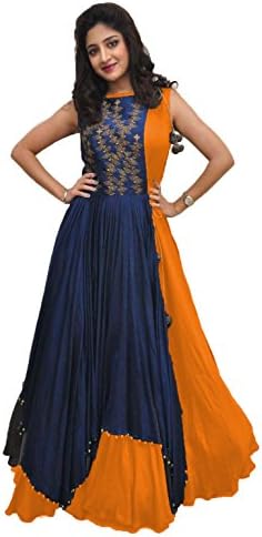 Rudra zone Women's Banglori Gown with Jacket (RZF017, Navy Blue, Medium)