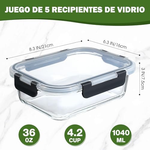 Paquete de 5 recipientes de vidrio con tapas, 1040 ml, gruesos y duraderos, recipientes de vidrio apilables herméticos para preparación de comidas, almacenamiento de alimentos sin BPA, Negro