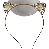 Jilukibo Alloy Rose Flower Cat Ears Headband Rhinestone Crystal Hair Hoop for Women Party Cosplay Costume Halloween (White)