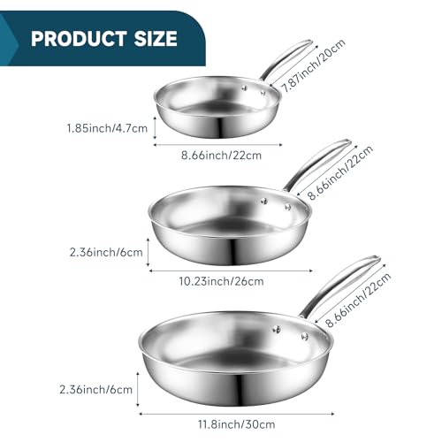 KoolShiro 3PCS Stainless Steel Frying Pan for Searing & Sauteing, 3 Ply Cookware for Durability & Even Heating, Compatible with All Cooktops Up to 600℉