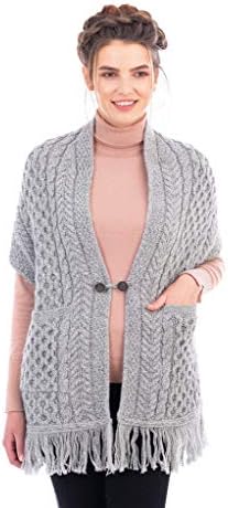 SAOL100% Merino Wool Shawl/Poncho Sweater/Open Cardigan/Wool Cape with Pockets with Fringe Trim and Trinity Knot Button