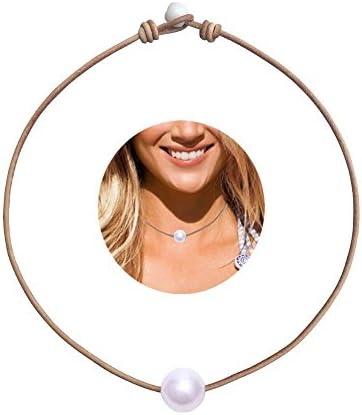 Single Artificial Pearl Handmade Choker Necklace on Genuine Black Brown Leather for Women Jewelry (14'' Brown)