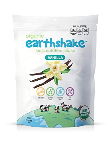 Earthshake Organic Kids Nutritional Protein Shake - Non GMO, Lactose Free, Soy Free, Gluten Free, Less than 1g of Sugar Per Serving, Amazing Taste | All Ages 2 & Up (Vanilla, 15.7 oz Bag)