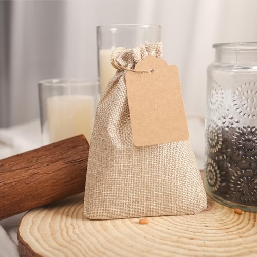 SALLYFASHION 25PCS Burlap Gift Bags With Drawstring, 4x6 Inch Drawstring Bags with Kraft Paper Tags Linen Sack Bags Jewelry Pouches for Christmas Wedding Party Favors DIY Crafts