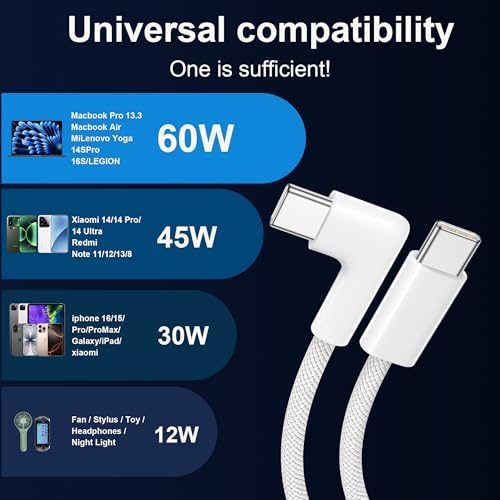 USB C auf USB C Kabel [2 Stück 2M], 60W USB C Kabel 90 Grad Winkel Ladekabel USB C Schnellladekabel Nylon USB C Ladekabel für Samsung S24/S23/S22, iPhone 16/15/14 Pro Max