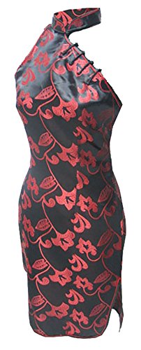 7Fairy Women's Black/Red Halter Floral Mini Chinese Dress Cheongsam