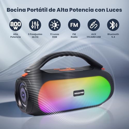 AUDISHAKO Bocina Bluetooth ADS-800, Bocina Portátil Impermeable IPX5 con RGB Boombox, Mango Iluminado, 800W, 3 Modos EQ, Recargable, USB/AUX/TF para Viaje, Fiesta y Hogar