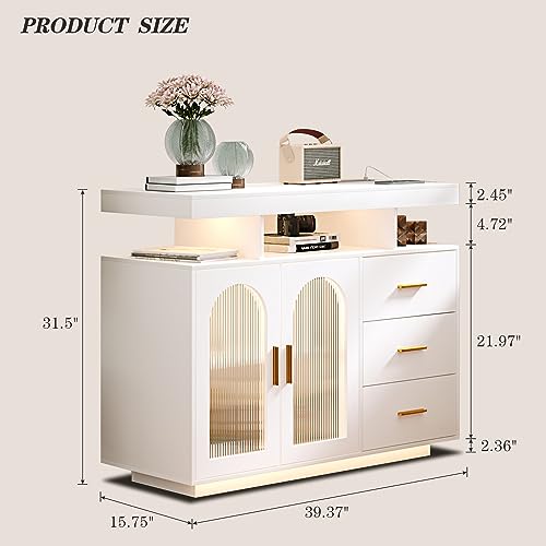 Dystler Sideboard Buffet Cabinet with Storage, 3 Drawers & 2 Doors, Auto-Sensor 20 Color Lights Console Table with Charging Station,Touch Control Console Coffee Bar Table for Kitchen, Dinning (White)