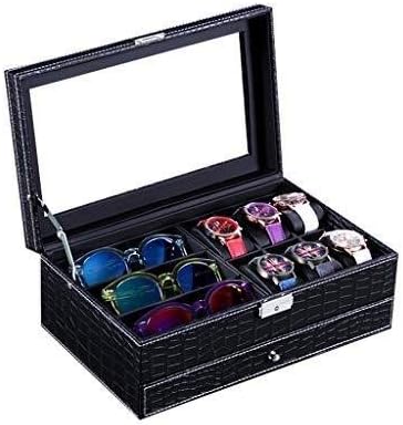 YYNM Men's genuine black bonded leather watch case display cabinet interior and storage drawer