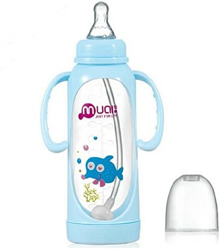 MUAI Natural Baby Bottle Scald Proof Soft Straw Feeding Bottle with Handles, 8 Ounce, Medium Flow Nipple