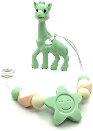 Silicone Beads Giraffe Teether Clip, Baby Teether Pacifier Giraffe, Silicone Teething Pacifier Necklace Hanging Toy ,Premium BPA-free 100% Food Grade Nursing Rainbow Beads Giraffe (Mint Green)