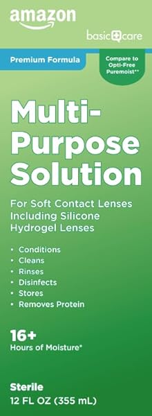 AMAZON BASIC CARE MULTI-PURPOSE CONTACTS SOLUTION – PREMIUM FORMULA, DISINFECTS, CLEANS, REMOVES PROTEIN, MOISTURIZES FOR 16+ HOURS, CONTACT LENS CLEANER & STORAGE, 12 FL OZ (PACK OF 1)
