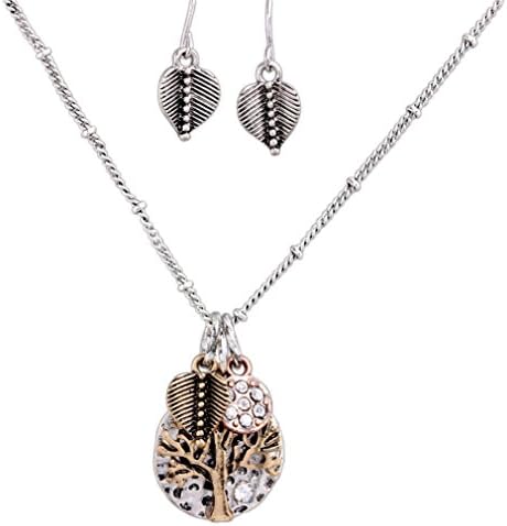 Rain Jewelry Mixed Metal "Tree of Life" Pendant with Charms on 18" Necklace with Matching Leaf Earrings