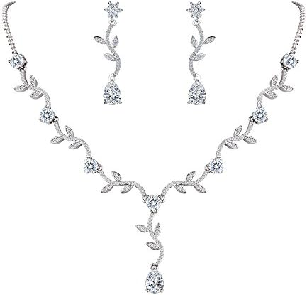 FANZE Women's Cubic Zirconia Elegant Sunflower Leaves Vine Teardrop Bridal Pendant Necklace Dangle Earrings Wedding Jewelry Set
