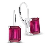 Sterling Silver Created Ruby Emerald Shape Drop Earrings 4.40 Carat Total Weight