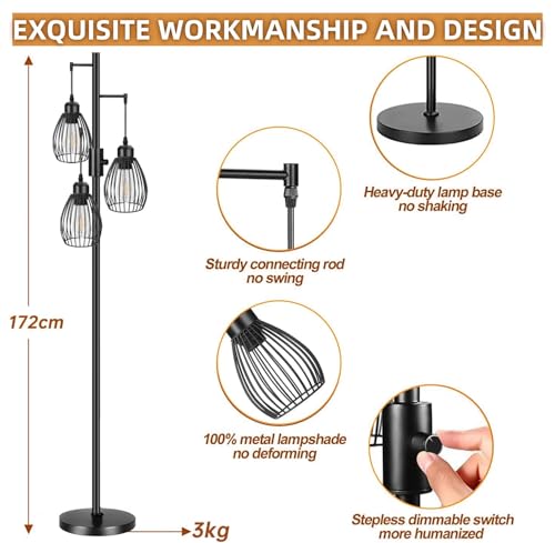 WAMBORY Dimmable Floor Lamp, 3 x 6W LED Bulbs Included, Farmhouse Industrial Floor Lamp with Rotary Switch, Vintage Tree Lamp with Elegant Teardrop Cage, Tall Standing Lamps for Living Room Bedroom