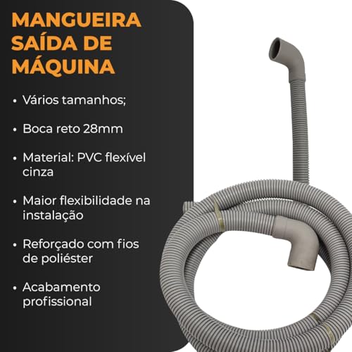 Mangueira de Saída Máquina de Lavar 3 Metros com Suporte – Compatível Brastemp Electrolux Consul Tanquinho – Mangueira Lavadora Reforçada Bocal Curvo 28mm