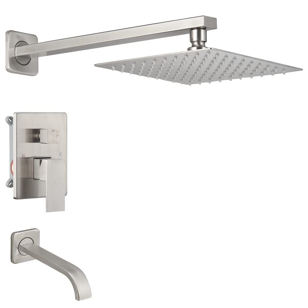Photo 1 of Heable Brushed Nickel Shower Faucet Set with Tub Spout Bathroom Luxury Rain Mixer Shower Head System Wall Mounted Shower Faucet Complete, Single Handle Tub and Shower Trim Kit with Rough-in Valve