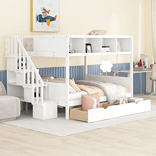 Twin Over Full Bunk Bed with Stairs and Storage Drawers, Wood Bunk Bed Frame with Two Drawers