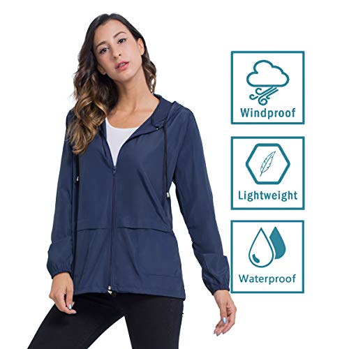 Lightweight Waterproof Raincoat, Women Packable Hooded Raincoat Windbreaker Jacket with Pockets M Navy Blue