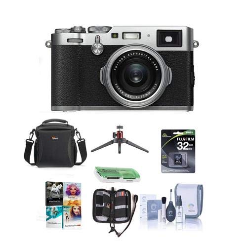 Fujifilm X100F 24.3MP Digital Camera, Fujinon 23mm f/2 Lens, Silver- Bundle with 32GB SDHC Card, Camera Case, Table Top Tripod, Cleaning Kit, Memory Card Case, Card Reader, Software Package