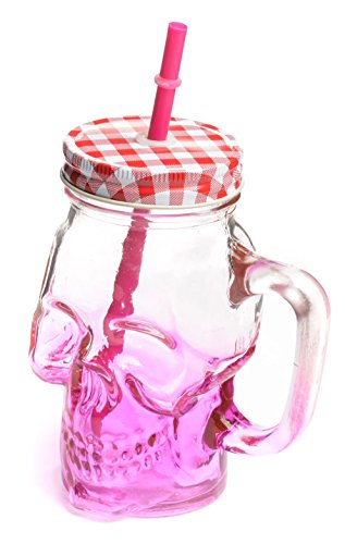Mason Jar Glass Skull Design 16oz with Handle & Straw
