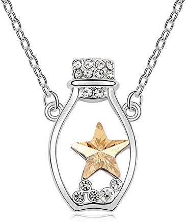 The Starry Night Crystal Golden Shadow Lucky Star Diamond Accented Wishing Drift Bottle Pendant Silver Necklace