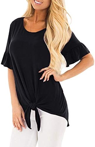Fantastic Zone Women's Bell Sleeve Front Tie Knot Round Neck T Shirt Tops Blouse Tee Shirts
