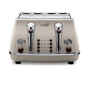 De'Longhi Icona Vintage 4 slot toaster, reheat, defrost, one-side bagel & 6 browning settings, CTOV4003BG, Beige