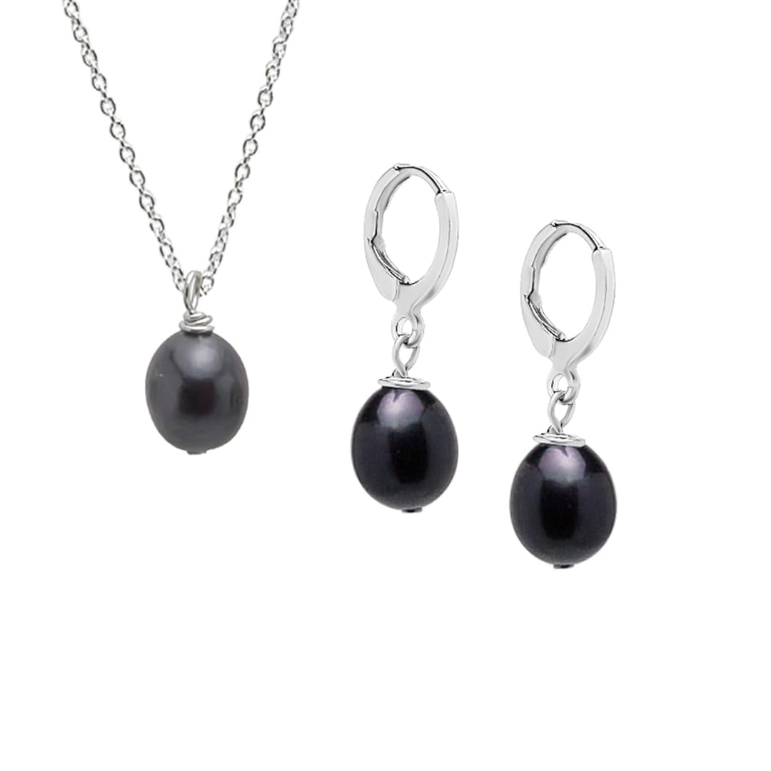 Treasure Bay Freshwater Pearl Jewellery Necklace Earrings Set 925 Sterling Silver Gift for Women (Black)
