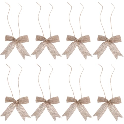 CABODYALS 20Pcs Mini Tan Gingham Burlap Ribbon Bows Christmas Premade Small Rustic Bow Buffalo Plaid Check Ornament Decorative Bowknot Appliques for Crafts Xmas Tree Party Scrapbook Wedding Diy