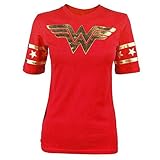 Wonder Woman Gold Foil Striped Sleeves Red Juniors T-shirt Tee