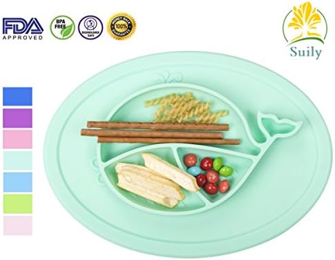 Suily Babies Highchair Feeding Tray Round Silicone Suction Placemat for Children, Kids, Toddlers,Kitchen Dining Table with Built in Plate and Bowl,Little Whale (Tiffany Green)